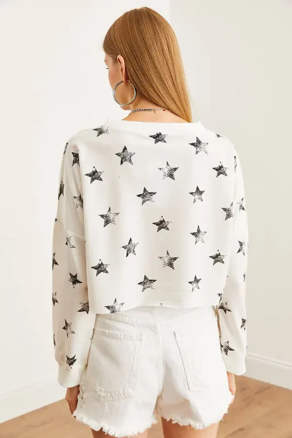 Women's Foil White Printed Crop Slim Sweatshirt SWT-19000652 - 6