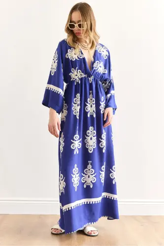 Women's French Sax Blue Crossover Collar Elastic Waist 