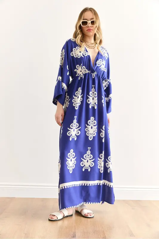 Women's French Sax Blue Crossover Collar Elastic Waist - 3