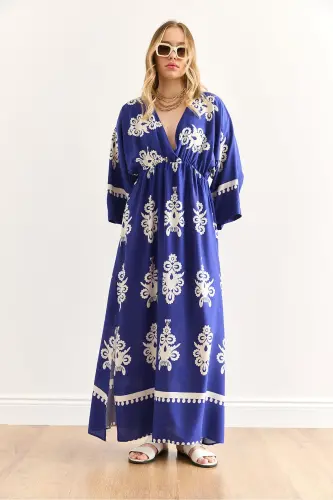 Women's French Sax Blue Crossover Collar Elastic Waist - 4