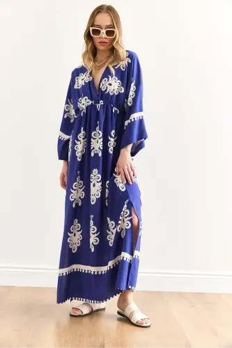 Women's French Sax Blue Crossover Collar Elastic Waist - 5