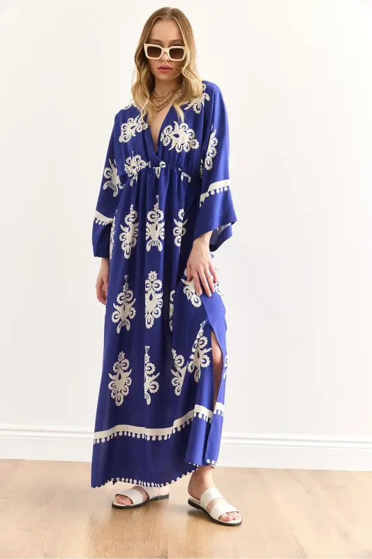 Women's French Sax Blue Crossover Collar Elastic Waist - 5