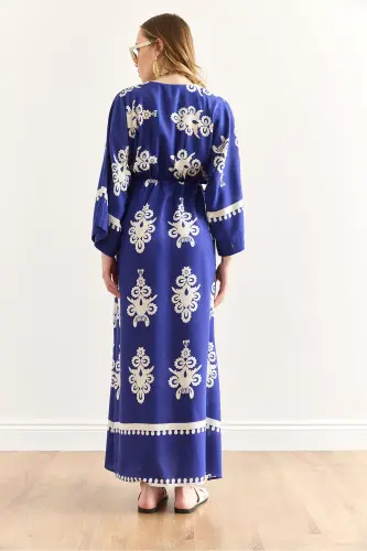 Women's French Sax Blue Crossover Collar Elastic Waist - 6