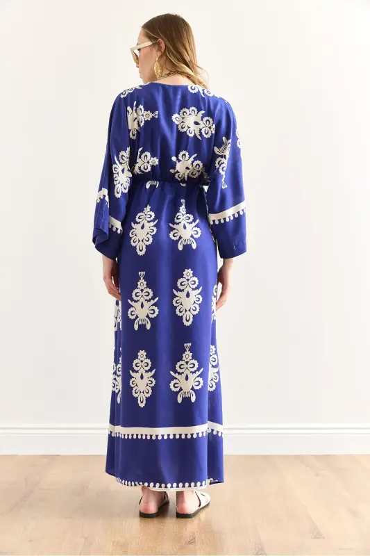 Women's French Sax Blue Crossover Collar Elastic Waist - 6