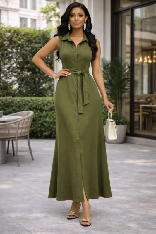 Women's Front Buttoned Belted Maxi Aerobin Fabric Shirt Dress - BÜYÜKBEDENIZ