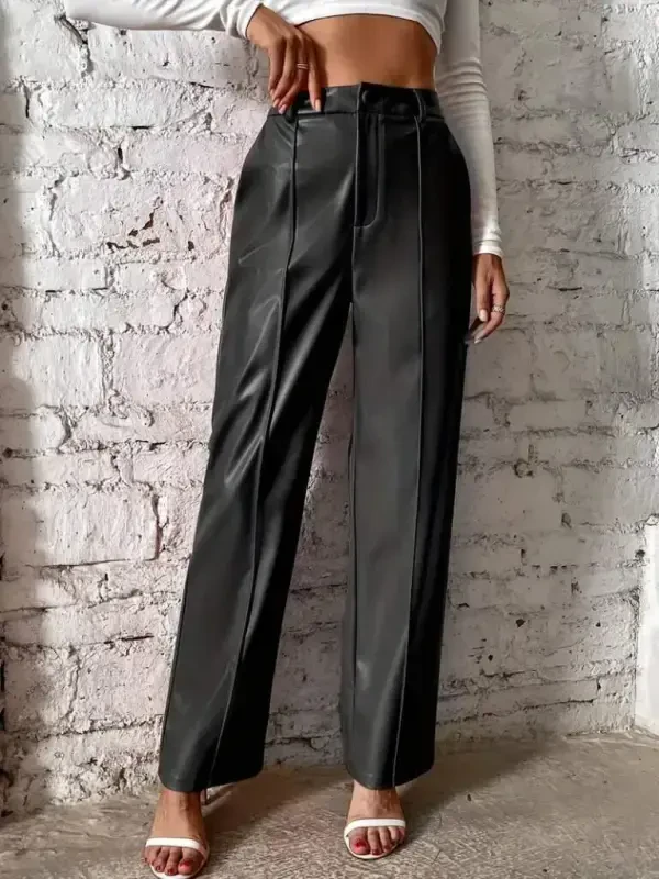 Women's Front Zippered Pocketed Wide Leg Lame Leather Pants - 1