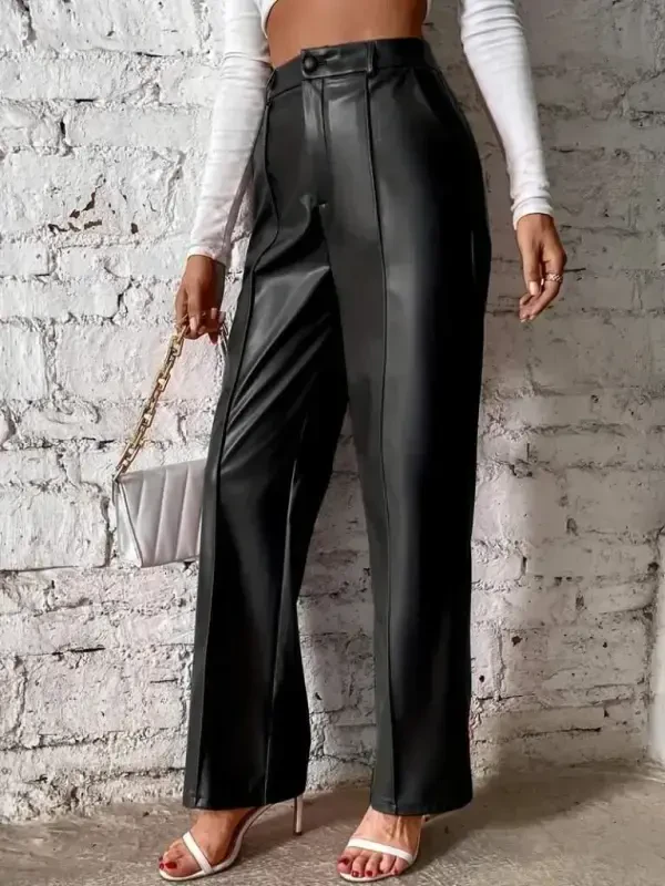 Women's Front Zippered Pocketed Wide Leg Lame Leather Pants - 2