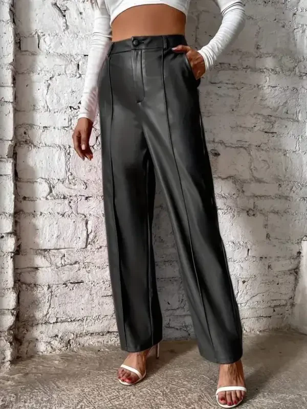 Women's Front Zippered Pocketed Wide Leg Lame Leather Pants - 3