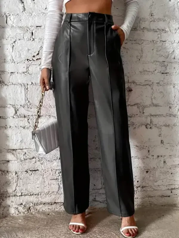 Women's Front Zippered Pocketed Wide Leg Lame Leather Pants - 4