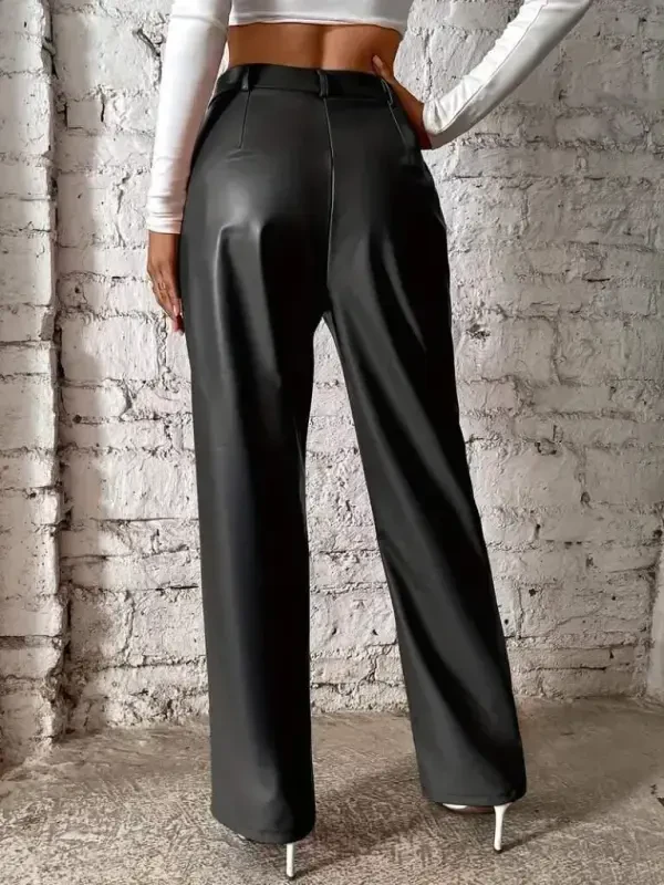 Women's Front Zippered Pocketed Wide Leg Lame Leather Pants - 5