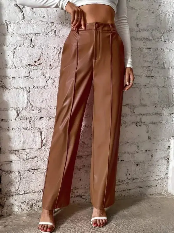 Women's Front Zippered Pocketed Wide Leg Lame Leather Pants - 1