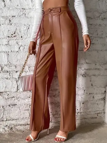 Women's Front Zippered Pocketed Wide Leg Lame Leather Pants - BÜYÜKBEDENIZ (1)