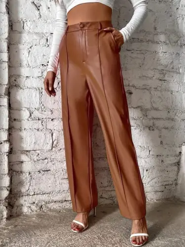 Women's Front Zippered Pocketed Wide Leg Lame Leather Pants - 3