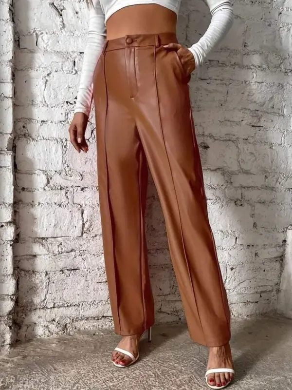 Women's Front Zippered Pocketed Wide Leg Lame Leather Pants - 3