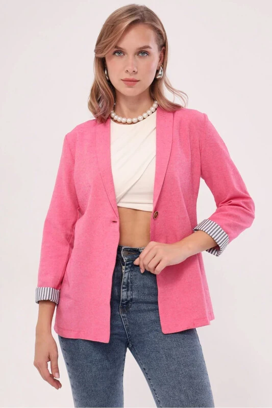 Women's Fuchsia Arm Striped Single Button Jacket ARM-22K001122-Fuchsia - ARMONIKA