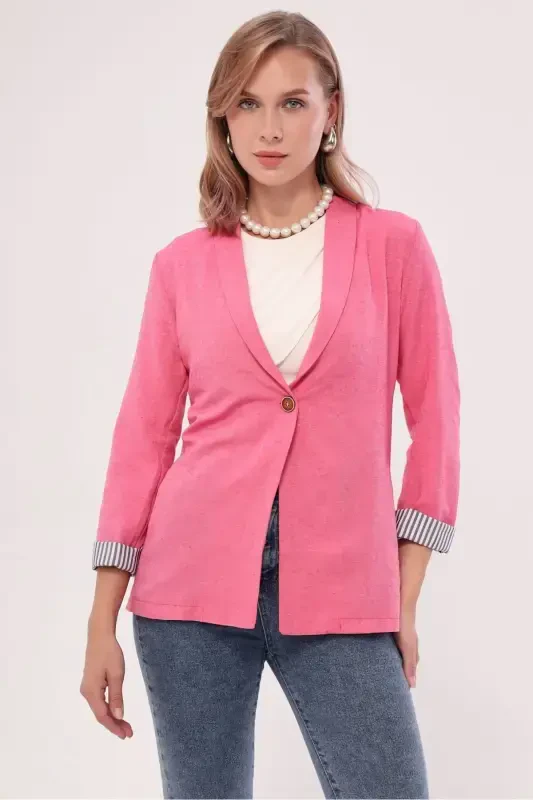Women's Fuchsia Arm Striped Single Button Jacket ARM-22K001122-Fuchsia - 3