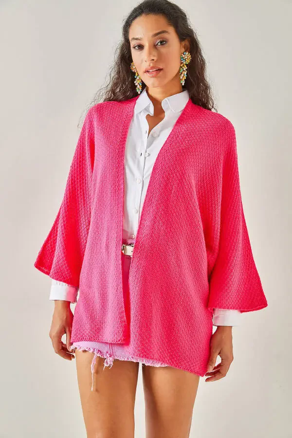 Women's Fuchsia Bat Sleeve Spring Cardigan HRK-19000057 - 2