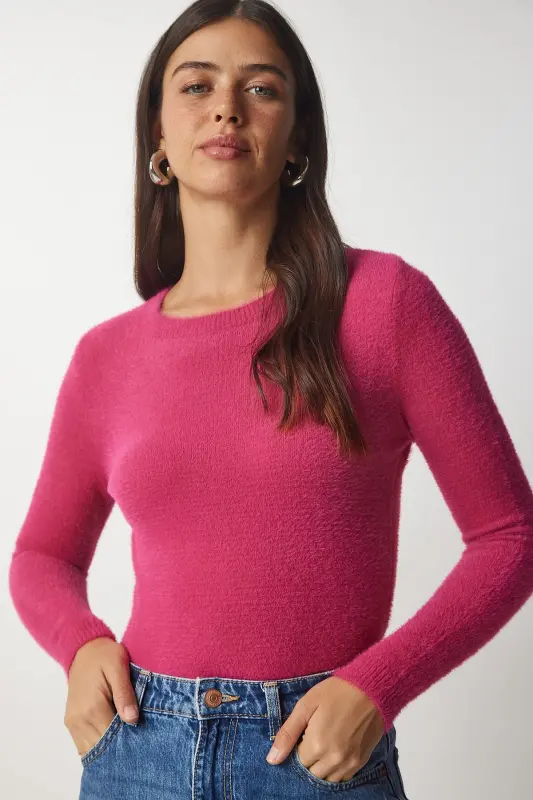 Women's Fuchsia Beaded Basic Knit Sweater MX00116-Fuchsia - 8