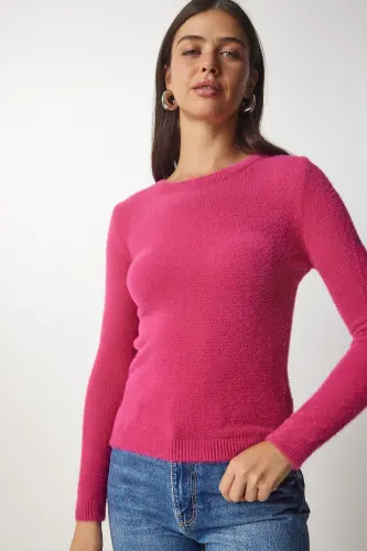 Women's Fuchsia Beaded Basic Knit Sweater MX00116-Fuchsia - 4