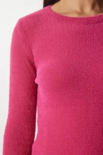 Women's Fuchsia Beaded Basic Knit Sweater MX00116-Fuchsia - 6