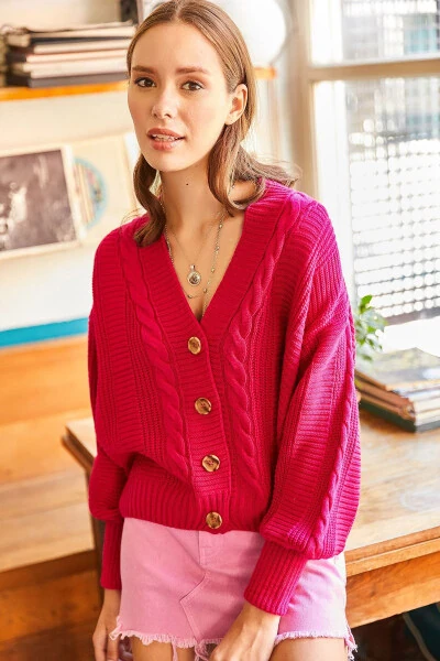 Women's Fuchsia Bold Chunky Braid Knit Cardigan HRK-19000082 - OLALOOK (1)