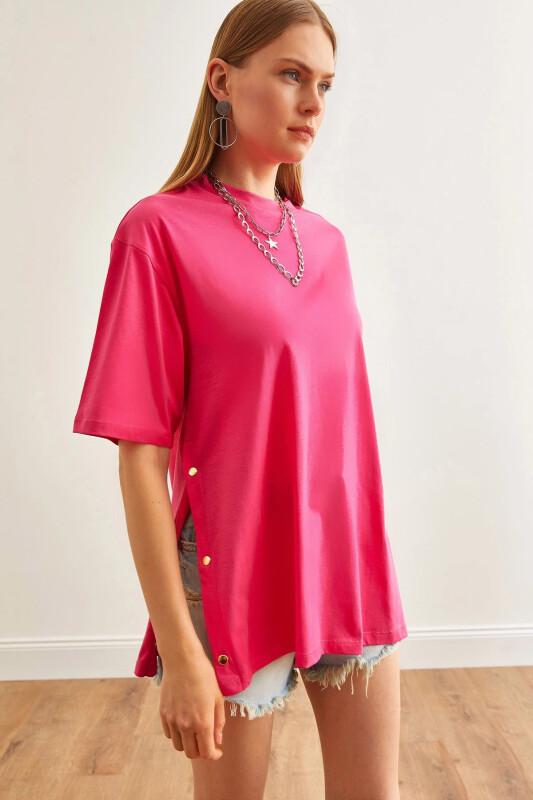 Women's Fuchsia Cotton T-Shirt with Button Detail on Sides TSH-19000 - 1