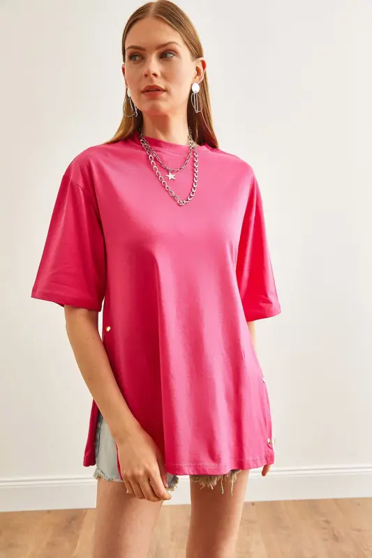 Women's Fuchsia Cotton T-Shirt with Button Detail on Sides TSH-19000 - 2