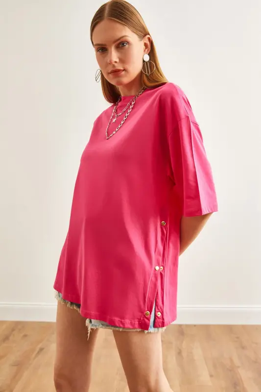 Women's Fuchsia Cotton T-Shirt with Button Detail on Sides TSH-19000 - 5