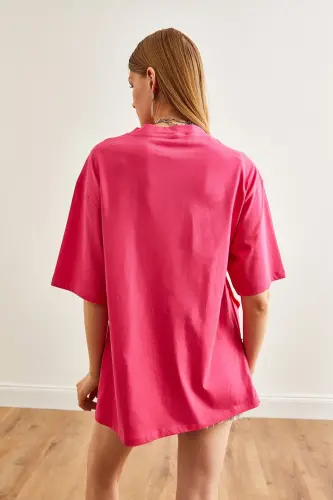 Women's Fuchsia Cotton T-Shirt with Button Detail on Sides TSH-19000 - 6