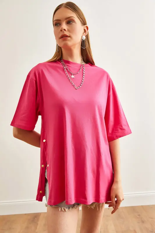 Women's Fuchsia Cotton T-Shirt with Button Detail on Sides TSH-19000 - 4