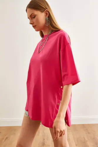 Women's Fuchsia Cotton T-Shirt with Button Detail on Sides TSH-19000 - 5