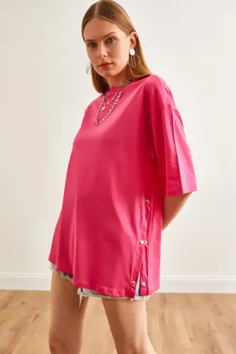 Women's Fuchsia Cotton T-Shirt with Button Detail on Sides TSH-19000 - 6