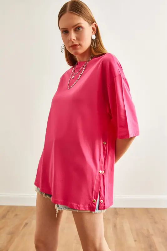 Women's Fuchsia Cotton T-Shirt with Button Detail on Sides TSH-19000 - 6