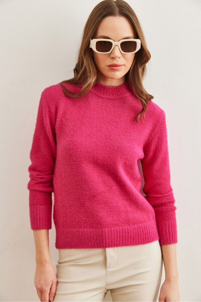 Women's Fuchsia Crew Neck Soft Texture Mock Neck Sweater KZK-19000858 - OLALOOK (1)