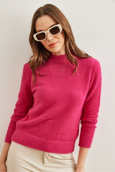 Women's Fuchsia Crew Neck Soft Texture Mock Neck Sweater KZK-19000858 - 5