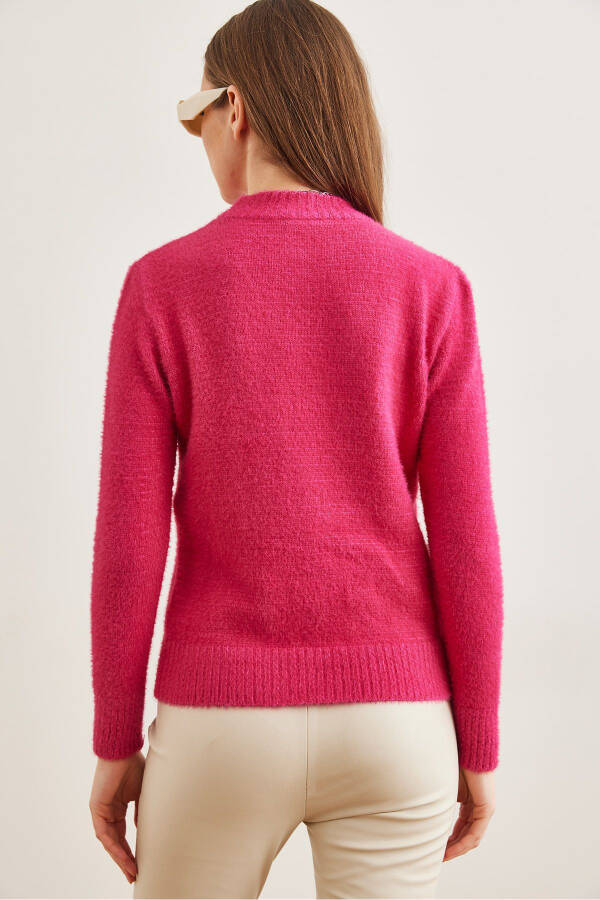 Women's Fuchsia Crew Neck Soft Texture Mock Neck Sweater KZK-19000858 - 7