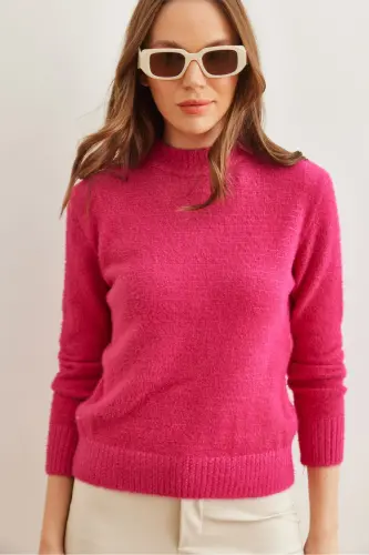 Women's Fuchsia Crew Neck Soft Texture Mock Neck Sweater KZK-19000858 - 2