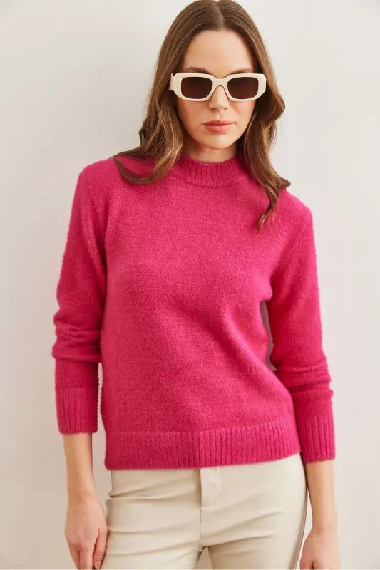 Women's Fuchsia Crew Neck Soft Texture Mock Neck Sweater KZK-19000858 - 3