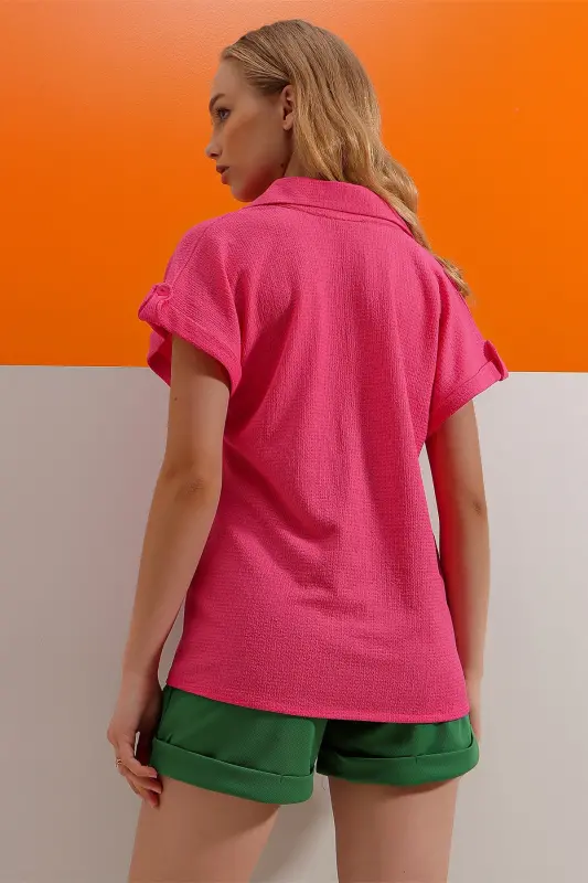 Women's Fuchsia Cuffed Double Short-Sleeved Textured Shirt ALC-X8724 - 3