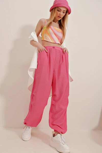 Women's Fuchsia Double Pocket Aerobin Linen Trousers ALC- - 3