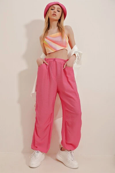 Women's Fuchsia Double Pocket Aerobin Linen Trousers ALC- - 4