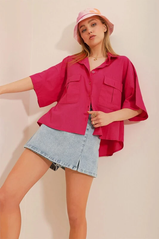 Women's Fuchsia Double Pocket Half Sleeve Linen Shirt ALC-X9991 - TREND ALAÇATI STILI