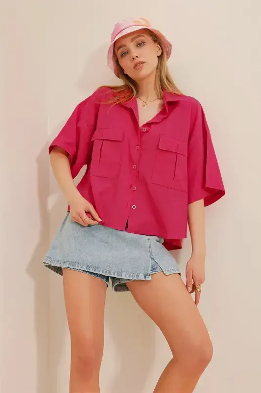 Women's Fuchsia Double Pocket Half Sleeve Linen Shirt ALC-X9991 - 2