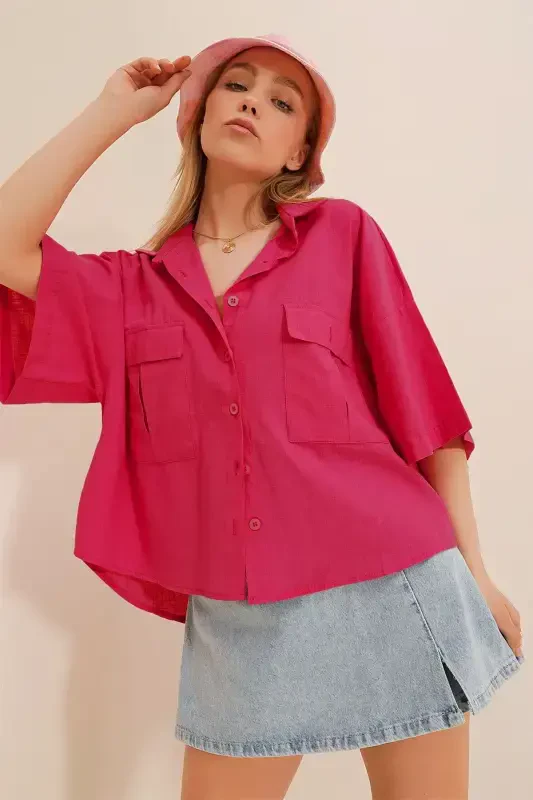 Women's Fuchsia Double Pocket Half Sleeve Linen Shirt ALC-X9991 - 3