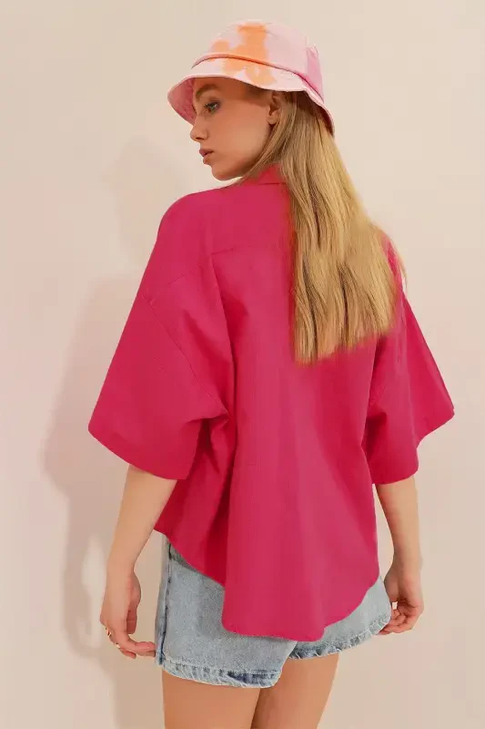 Women's Fuchsia Double Pocket Half Sleeve Linen Shirt ALC-X9991 - 4