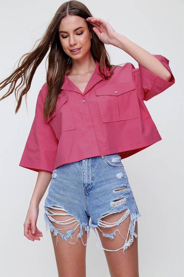 Women's Fuchsia Envelope Pocket Crop Poplin Shirt ALC-X6045 - 2
