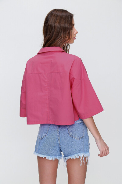 Women's Fuchsia Envelope Pocket Crop Poplin Shirt ALC-X6045 - 4