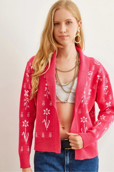 Women's Fuchsia Floral Print Shawl Neck Cardigan Sweater HRK-19000294 - OLALOOK