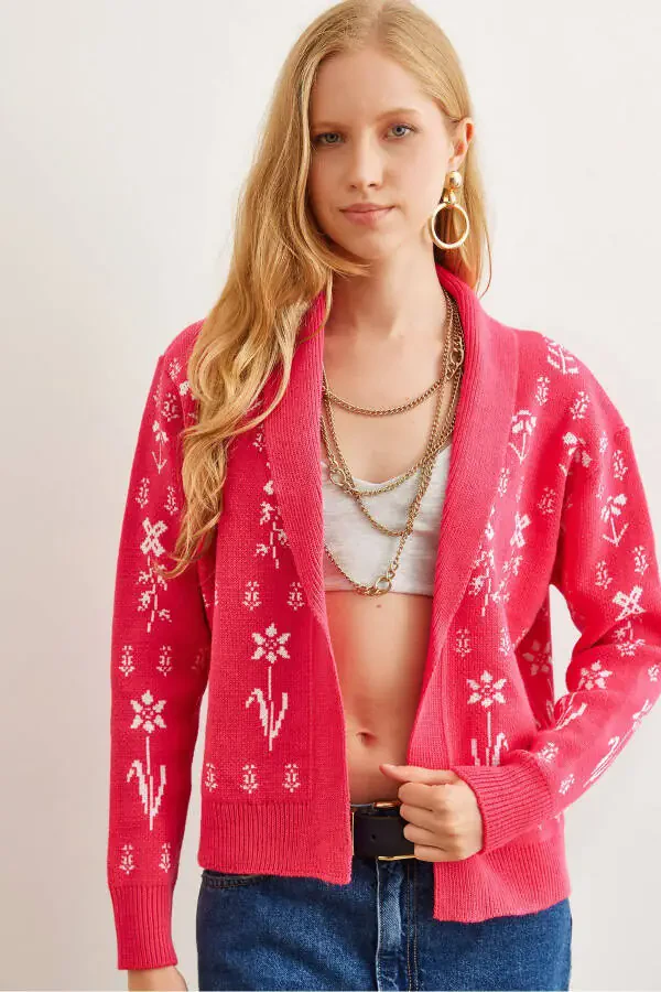Women's Fuchsia Floral Print Shawl Neck Cardigan Sweater HRK-19000294 - 1