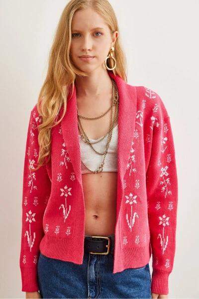 Women's Fuchsia Floral Print Shawl Neck Cardigan Sweater HRK-19000294 - 3